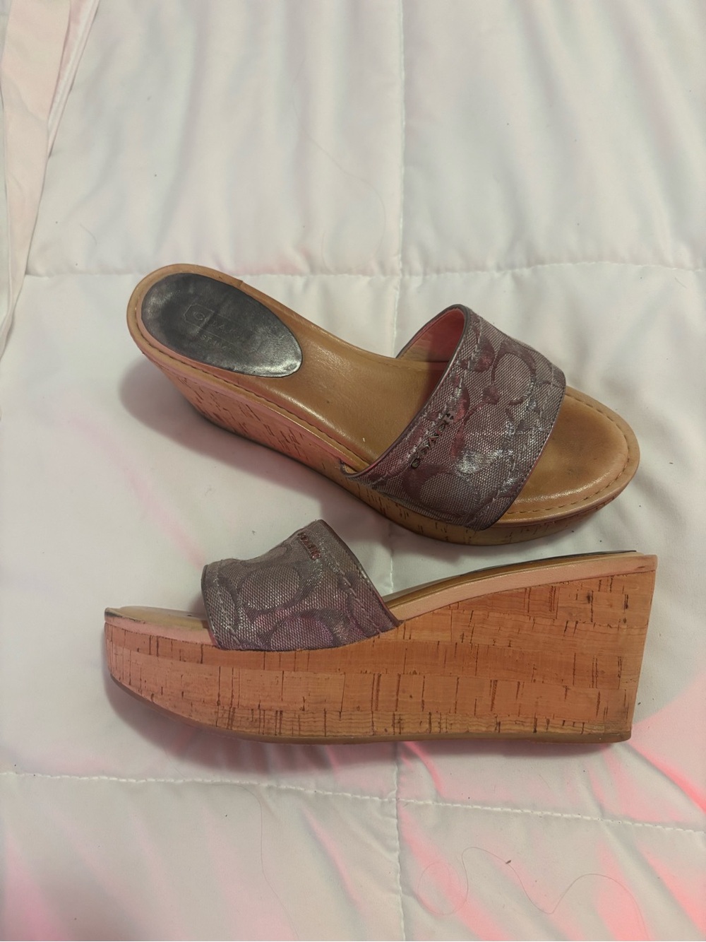 Coach Signature Monogram Cork Wedge Slides in Taupe